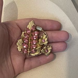 Vintage Gold Tone & Pink Rhinestones Leaf Brooch